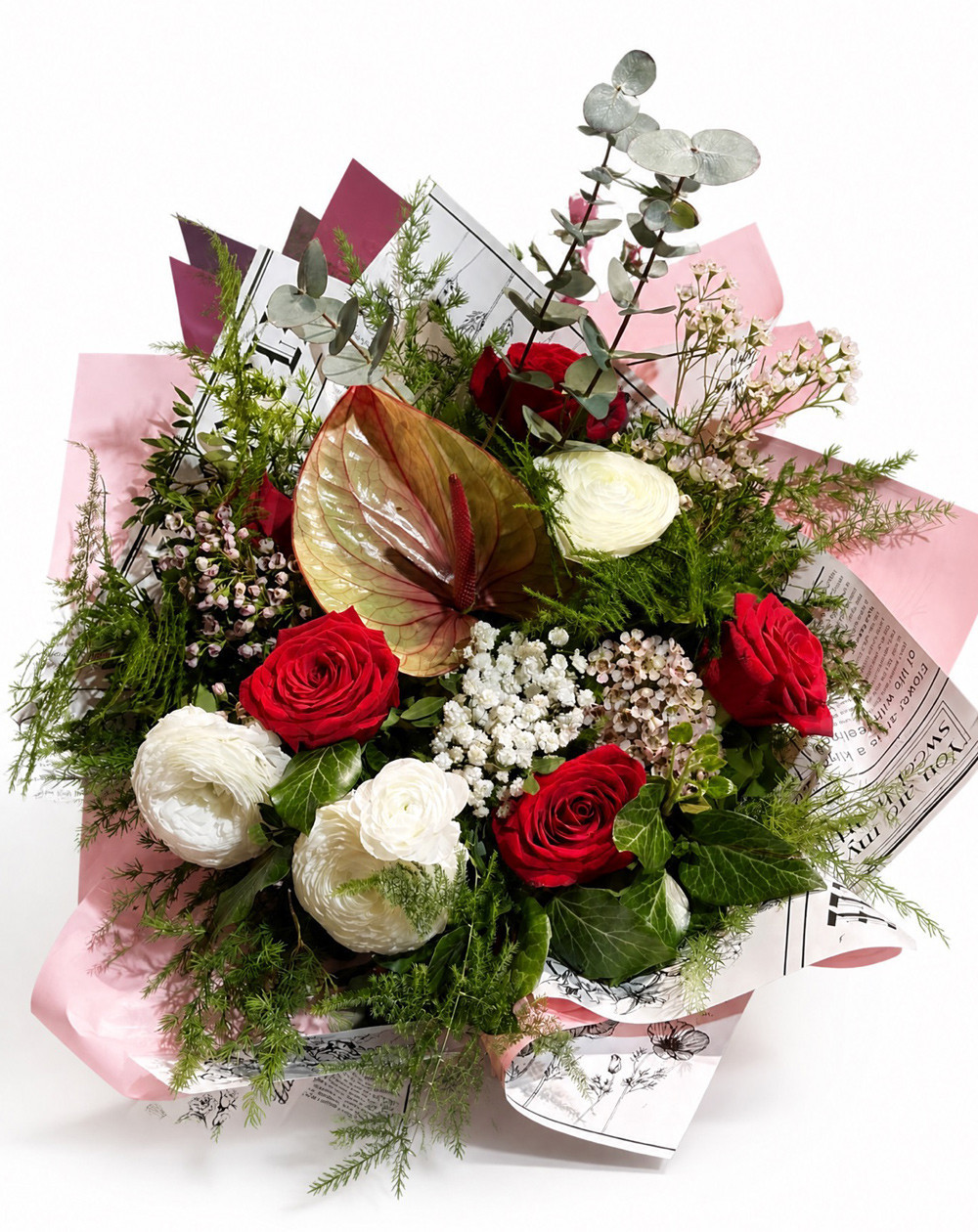 Amour Rouge – crvene ruže &  beli ranunkulus