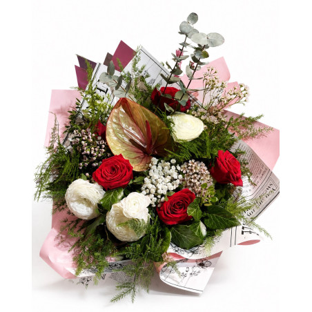 Amour Rouge – crvene ruže &  beli ranunkulus